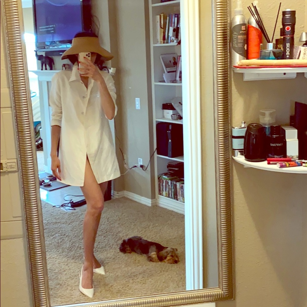 Vintage Ivory silk dress $130, Woven visor $40